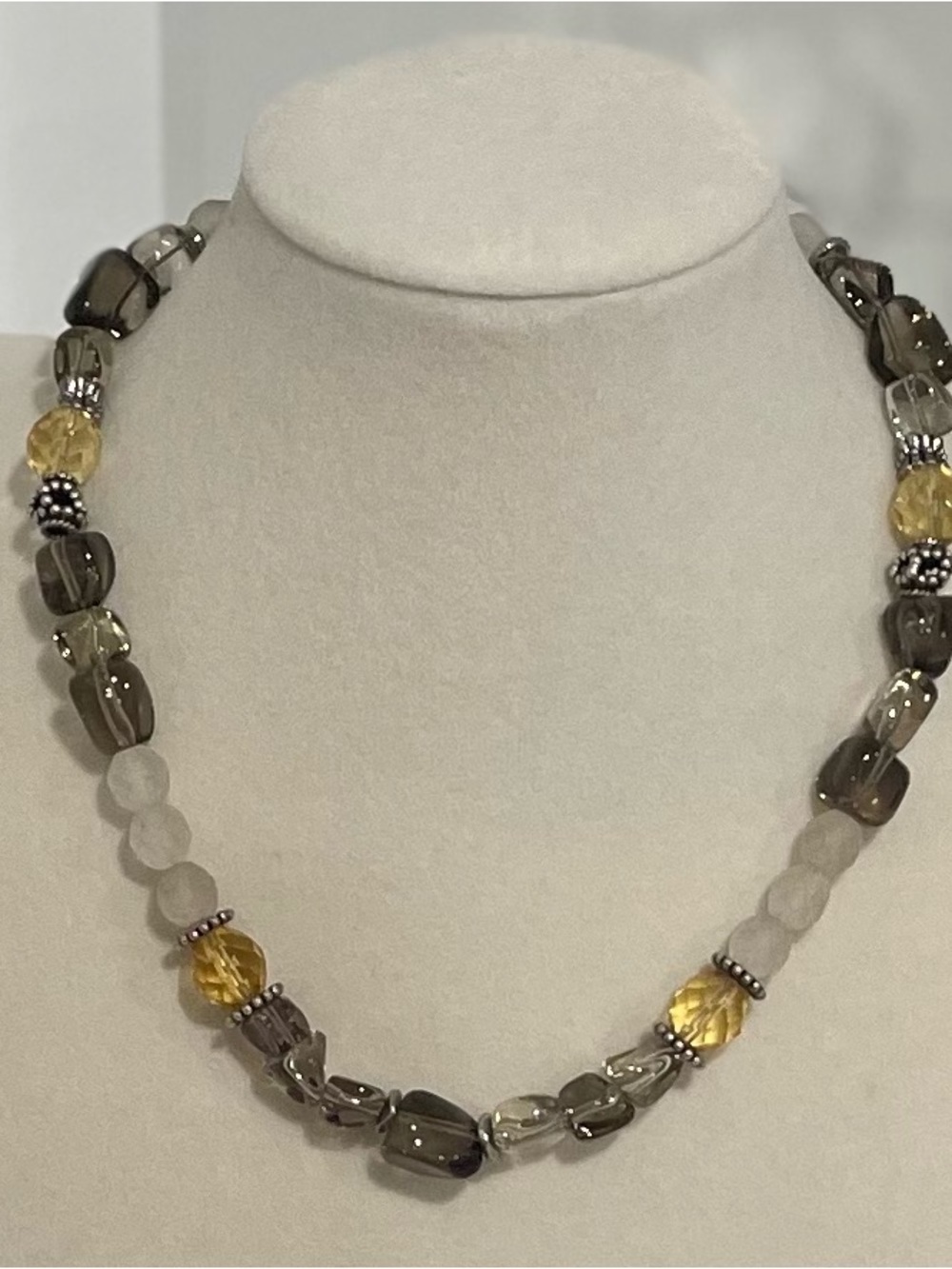 Statement Necklace Beaded Yellow Smoky Gray Quartz Boho Festival Artisan Neutral